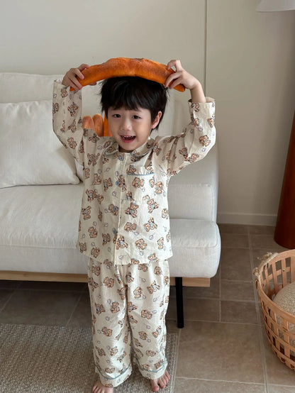 長袖パジャマ キッズパジャマセット 長袖シャツ+ロングパンツ りんごチェック犬プリント柄【mh0004728】