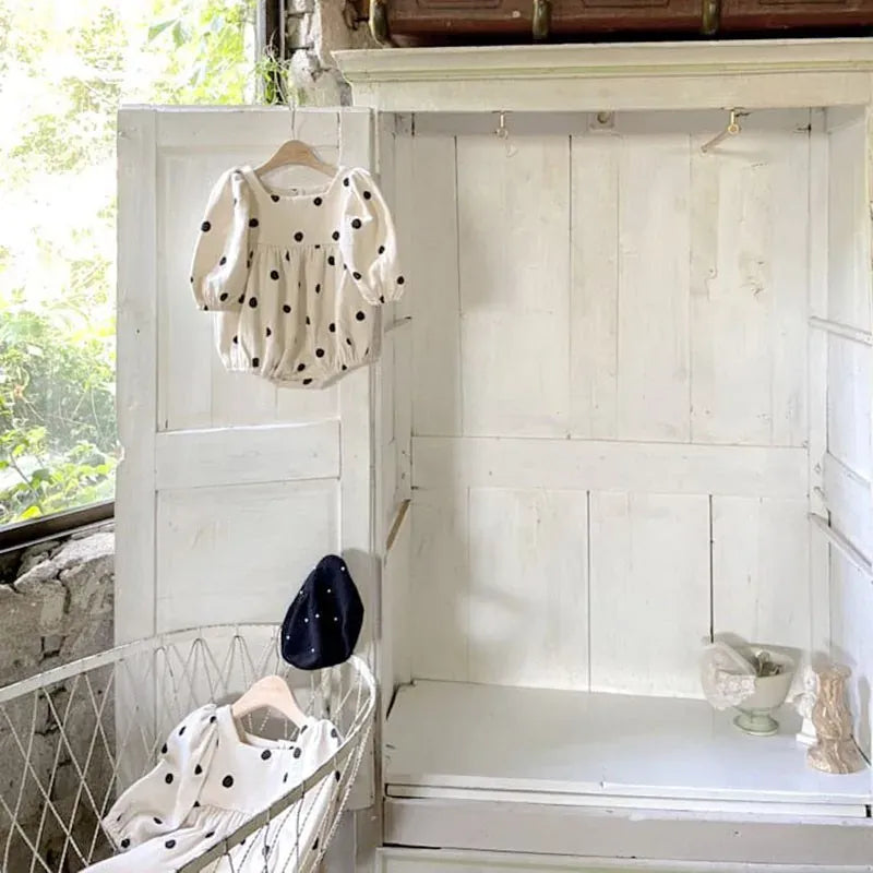 長袖ロンパース ベビーロンパース 長袖パフスリーブボディスーツ 水玉ドットプリント【mh0004753】