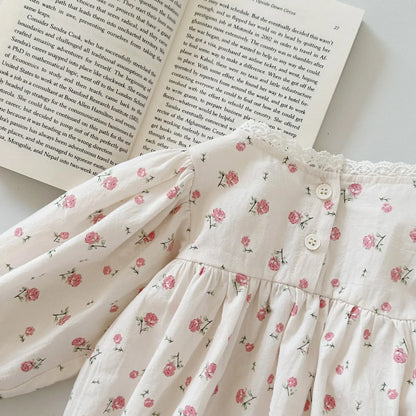 長袖ロンパース ベビーロンパース 長袖ボディスーツ フラワー小花柄プリント レース【mh0004814】