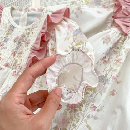 長袖ロンパース ベビーロンパース/キッズワンピース 長袖ショルダーフリル フラワー花柄プリント リンクコーデ 姉妹 お揃いコーデ【mh0005083】