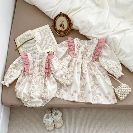 長袖ロンパース ベビーロンパース/キッズワンピース 長袖ショルダーフリル フラワー花柄プリント リンクコーデ 姉妹 お揃いコーデ【mh0005083】