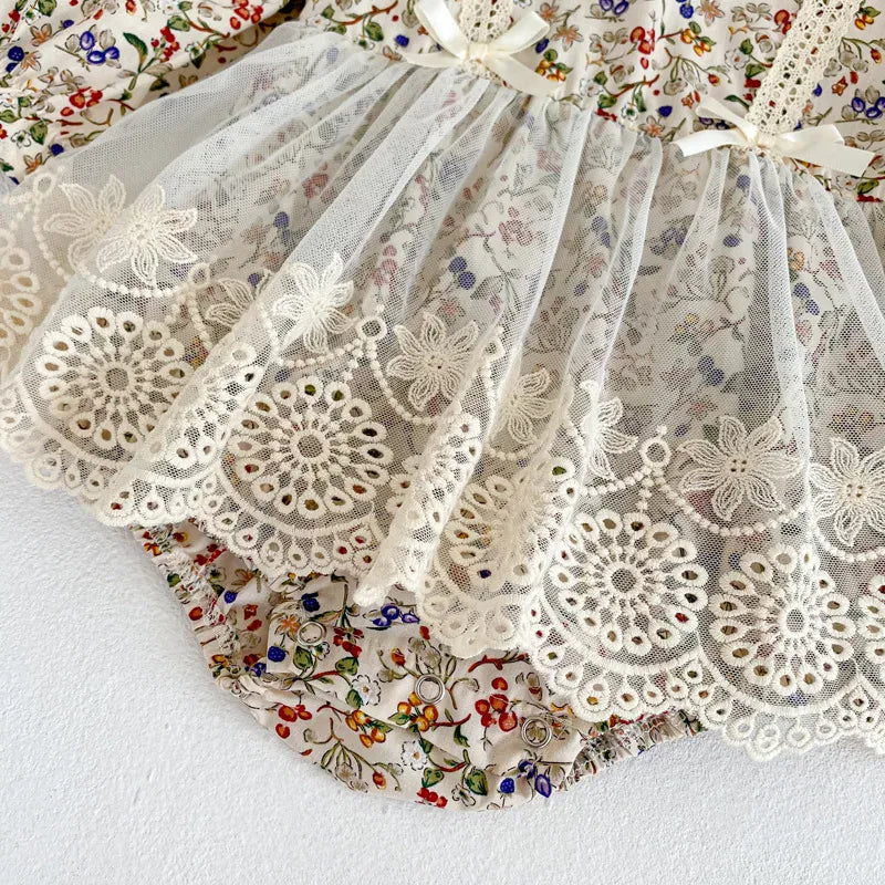 長袖ロンパース ベビーロンパース ボンネットセット 長袖レーススカートボディスーツ フラワー花柄プリント ベビードレス【mh0005098】