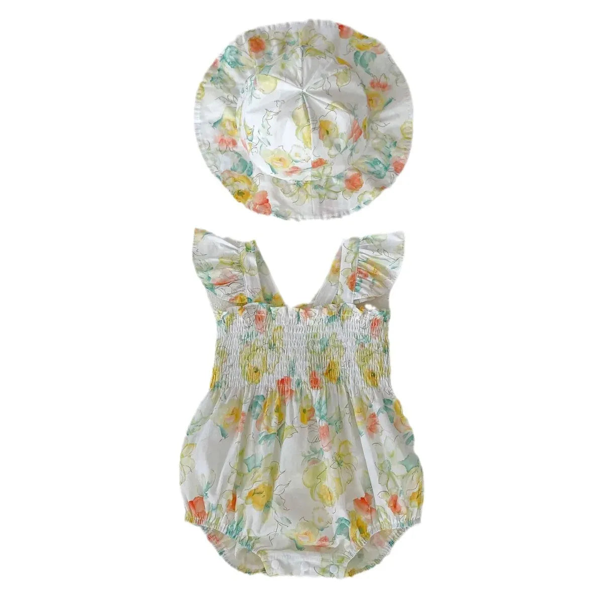 ノースリーブロンパース ベビーロンパース ノースリーブシャーリングボディスーツ＋帽子セット フラワー花柄プリント【mh0005107】