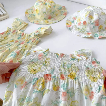 ノースリーブロンパース ベビーロンパース ノースリーブシャーリングボディスーツ＋帽子セット フラワー花柄プリント【mh0005107】