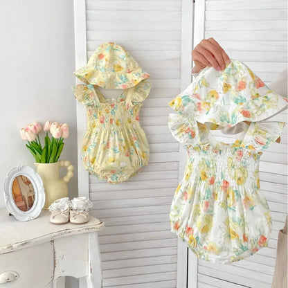 ノースリーブロンパース ベビーロンパース ノースリーブシャーリングボディスーツ＋帽子セット フラワー花柄プリント【mh0005107】