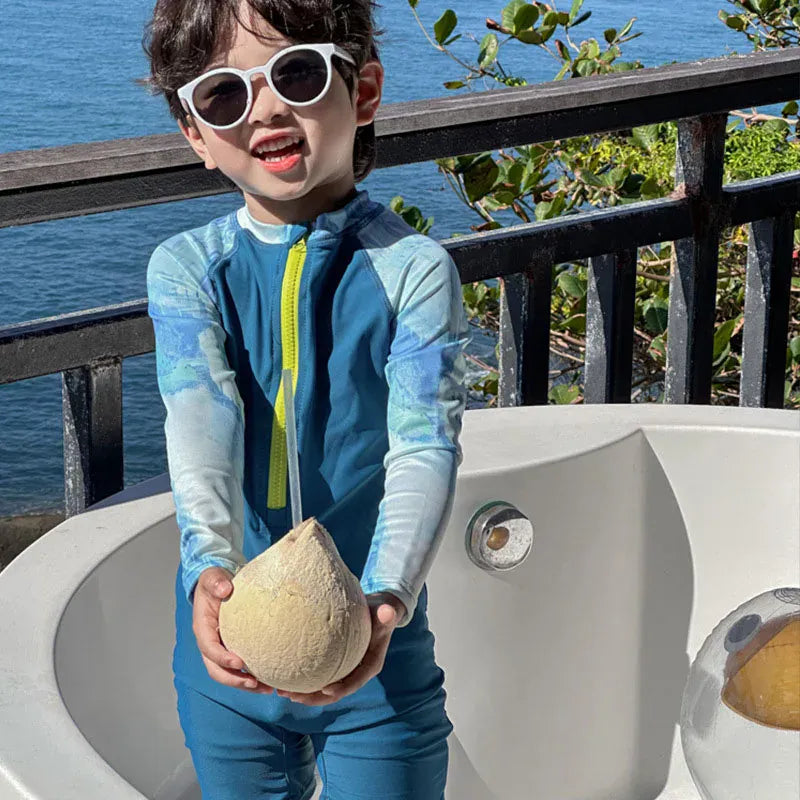 ベビー用水着 キッズ水着 長袖ラッシュガード つなぎ ワンピース スイムウェア ブルー【mh0005112】