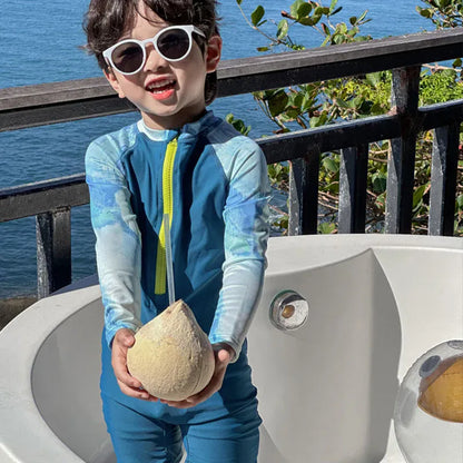 ベビー用水着 キッズ水着 長袖ラッシュガード つなぎ ワンピース スイムウェア ブルー【mh0005112】