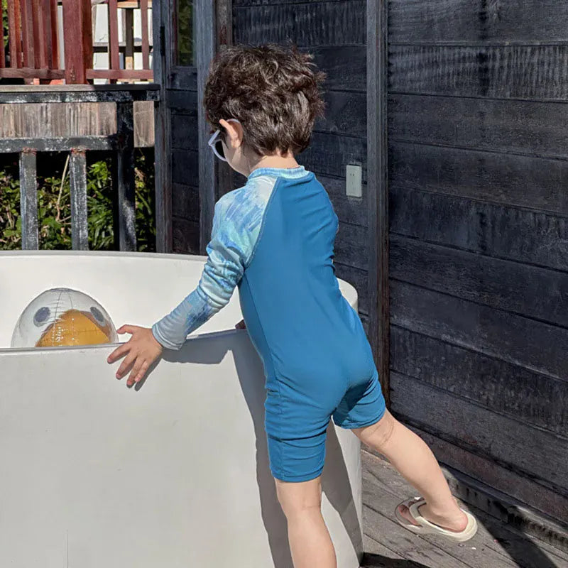 ベビー用水着 キッズ水着 長袖ラッシュガード つなぎ ワンピース スイムウェア ブルー【mh0005112】