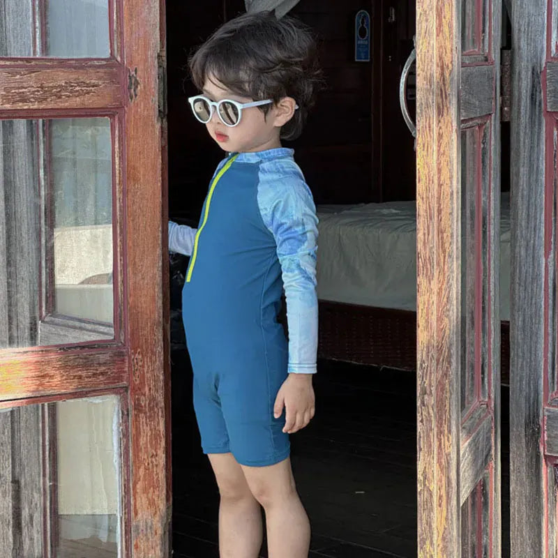 ベビー用水着 キッズ水着 長袖ラッシュガード つなぎ ワンピース スイムウェア ブルー【mh0005112】