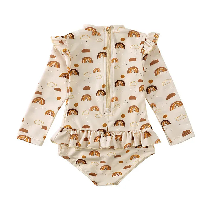 ベビー用水着 ＊メーカー直送＊ キッズ水着 帽子セット 長袖ワンピース ラッシュガード 虹レインボー 水玉ドット ストライプ トロピカル スイムウェア【mh0005119】