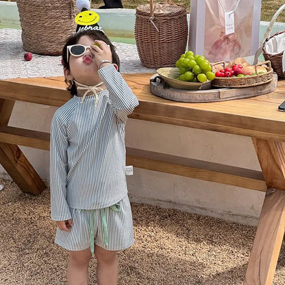 ベビー用水着 キッズ水着 帽子セット 長袖 セパレート ストライプ ラッシュガード ボーイズ スイムウェア【mh0005133】