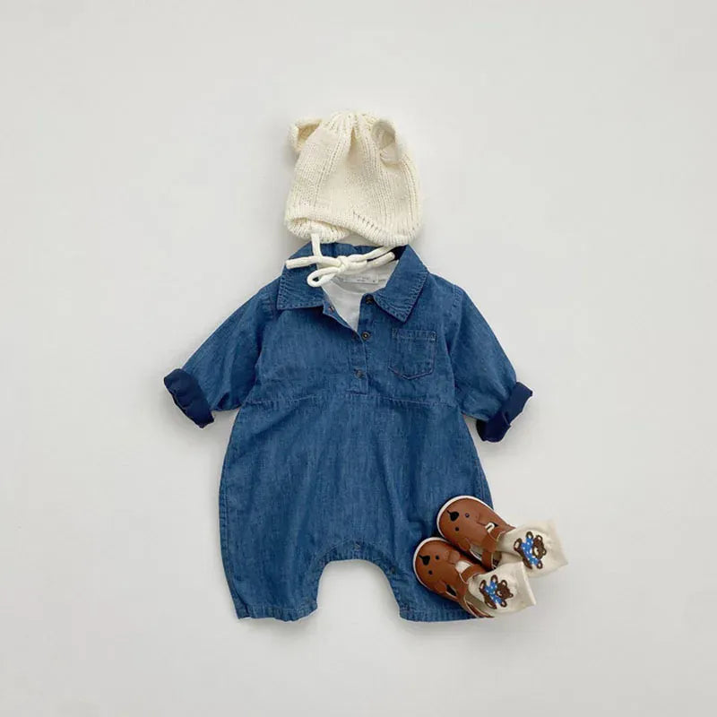 長袖ジャンプスーツ ベビージャンプスーツ デニム 長袖シャツロンパース つなぎ【mh0005156】