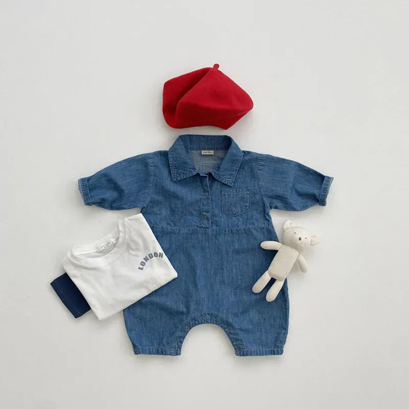 長袖ジャンプスーツ ベビージャンプスーツ デニム 長袖シャツロンパース つなぎ【mh0005156】