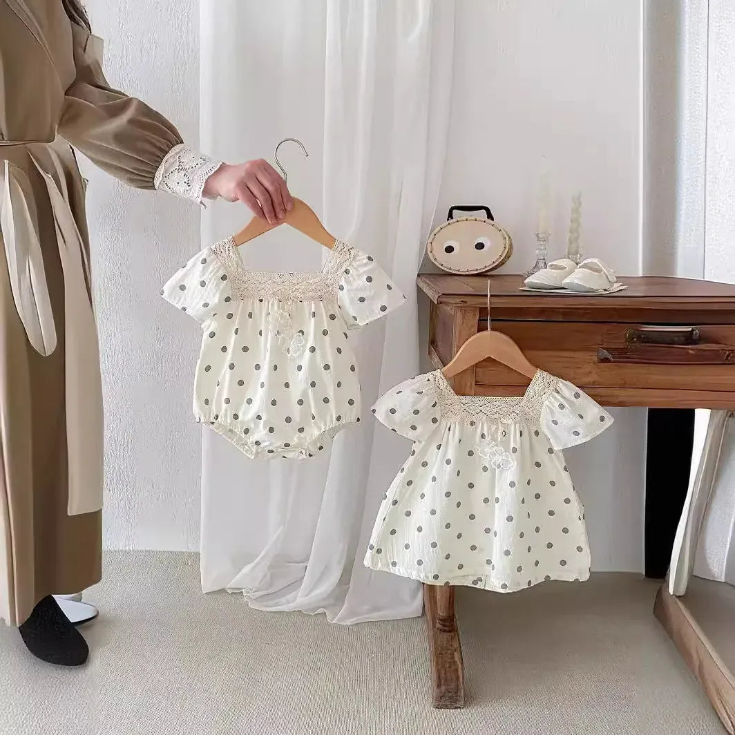 半袖ロンパース ベビーロンパース/キッズワンピース 半袖 レース 水玉ドットプリント リンクコーデ 姉妹 お揃いコーデ【mh0005258】
