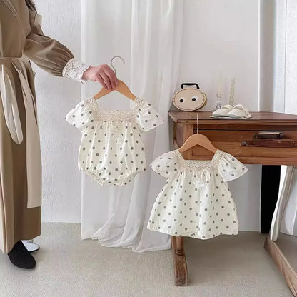 半袖ロンパース ベビーロンパース/キッズワンピース 半袖 レース 水玉ドットプリント リンクコーデ 姉妹 お揃いコーデ【mh0005258】