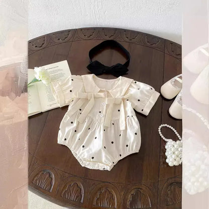 半袖ロンパース ベビーロンパース 半袖パフスリーブリボンボディスーツ 水玉ドットプリント リボンヘアバンドセット【mh0005263】
