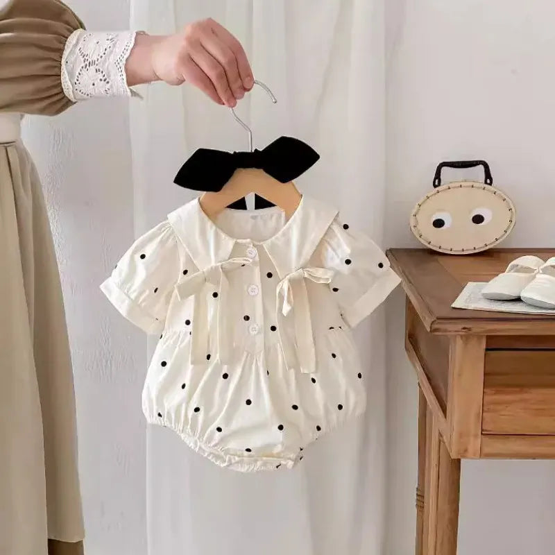 半袖ロンパース ベビーロンパース 半袖パフスリーブリボンボディスーツ 水玉ドットプリント リボンヘアバンドセット【mh0005263】