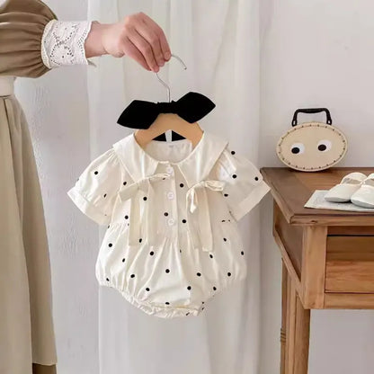半袖ロンパース ベビーロンパース 半袖パフスリーブリボンボディスーツ 水玉ドットプリント リボンヘアバンドセット【mh0005263】