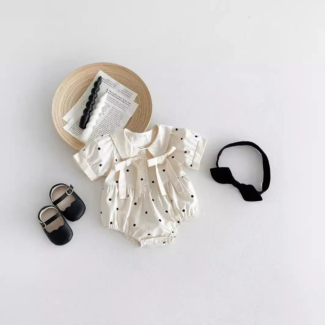 半袖ロンパース ベビーロンパース 半袖パフスリーブリボンボディスーツ 水玉ドットプリント リボンヘアバンドセット【mh0005263】