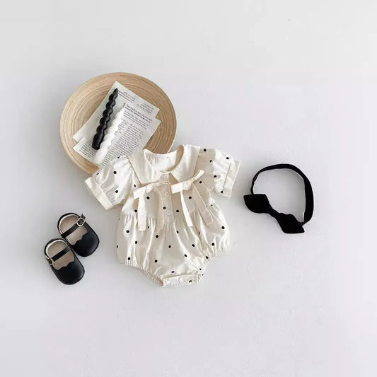 半袖ロンパース ベビーロンパース 半袖パフスリーブリボンボディスーツ 水玉ドットプリント リボンヘアバンドセット【mh0005263】