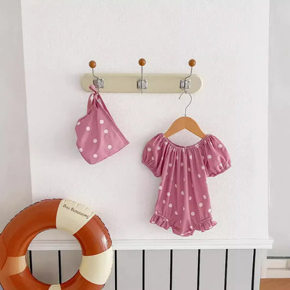 ベビー用水着 ベビー水着 帽子セット 半袖パフスリーブ ワンピース フラワー花柄/水玉ドットプリント ガールズスイムウェア【mh0005268】