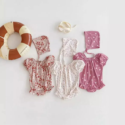 ベビー用水着 ベビー水着 帽子セット 半袖パフスリーブ ワンピース フラワー花柄/水玉ドットプリント ガールズスイムウェア【mh0005268】