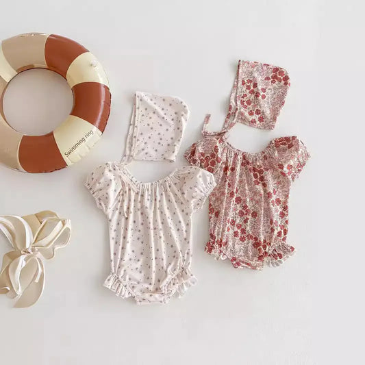 ベビー用水着 ベビー水着 帽子セット 半袖パフスリーブ ワンピース フラワー花柄/水玉ドットプリント ガールズスイムウェア【mh0005268】