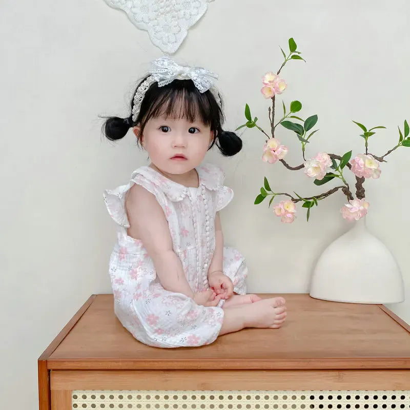 半袖ロンパース ベビーロンパース 半袖フリルジャンプスーツ フラワー花柄プリント ヘアバンドセット【mh0005321】