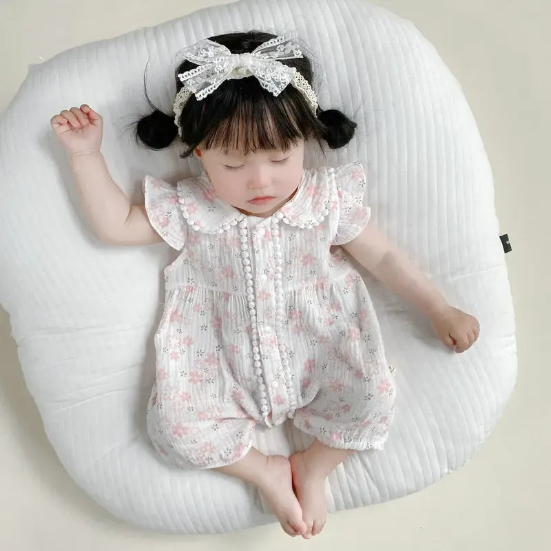 半袖ロンパース ベビーロンパース 半袖フリルジャンプスーツ フラワー花柄プリント ヘアバンドセット【mh0005321】