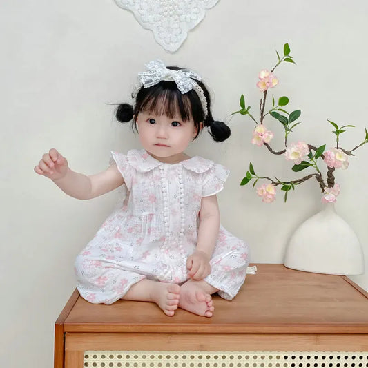 半袖ロンパース ベビーロンパース 半袖フリルジャンプスーツ フラワー花柄プリント ヘアバンドセット【mh0005321】