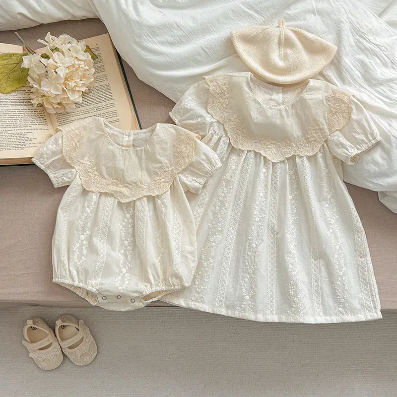 半袖ロンパース ベビーロンパース/キッズワンピース 半袖 ビッグ襟 レースフラワー花柄刺繍 リンクコーデ 姉妹 お揃いコーデ【mh0005325】