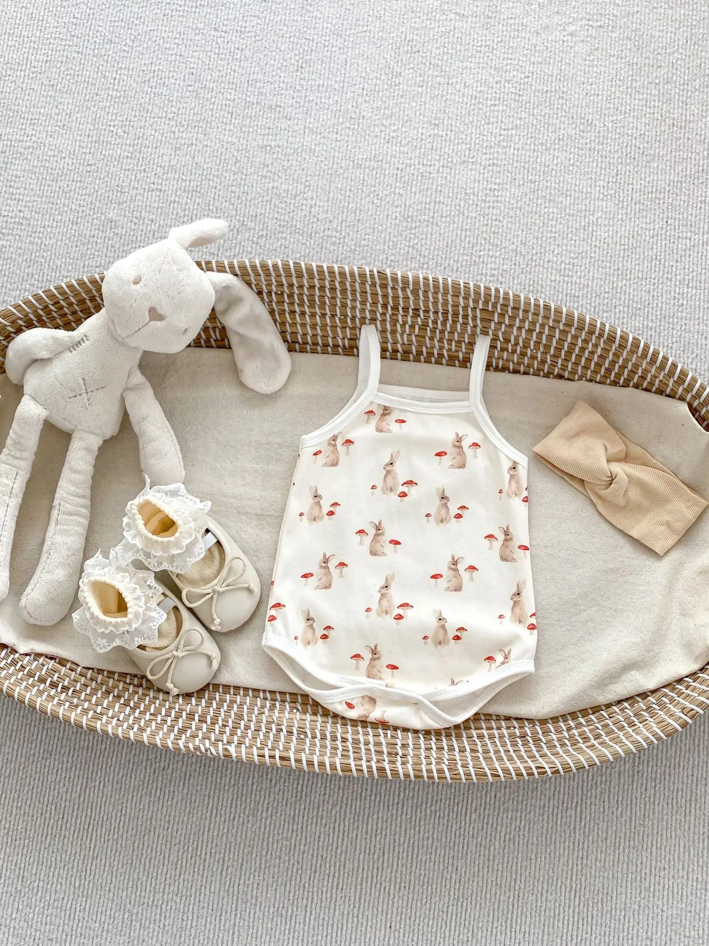 ノースリーブロンパース ベビーロンパース キャミソールボディスーツ ラビットうさぎマッシュルームきのこ水玉ドットプリント【mh0005348】