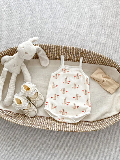 ノースリーブロンパース ベビーロンパース キャミソールボディスーツ ラビットうさぎマッシュルームきのこ水玉ドットプリント【mh0005348】