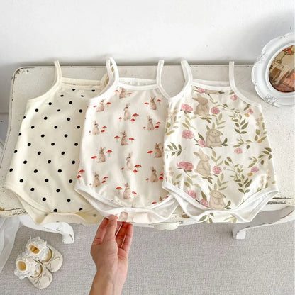 ノースリーブロンパース ベビーロンパース キャミソールボディスーツ ラビットうさぎマッシュルームきのこ水玉ドットプリント【mh0005348】