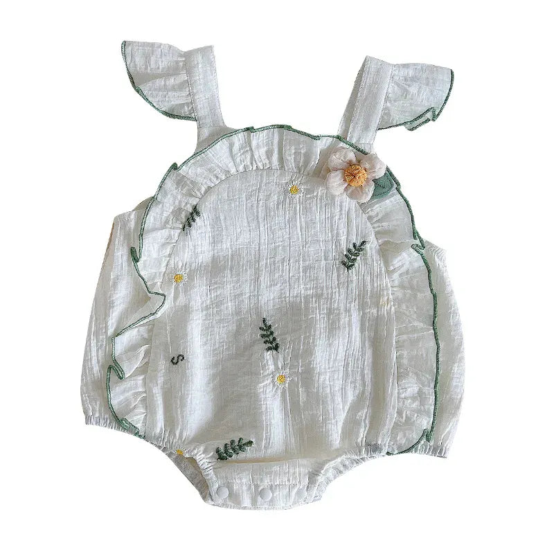 ノースリーブロンパース ベビーロンパース ショルダーフリル ノースリーブボディスーツ リーフフラワー刺繍 ホワイト【mh0005356】