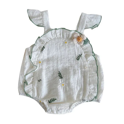 ノースリーブロンパース ベビーロンパース ショルダーフリル ノースリーブボディスーツ リーフフラワー刺繍 ホワイト【mh0005356】