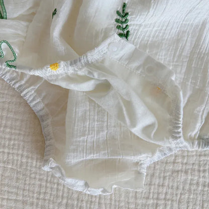 ノースリーブロンパース ベビーロンパース ショルダーフリル ノースリーブボディスーツ リーフフラワー刺繍 ホワイト【mh0005356】