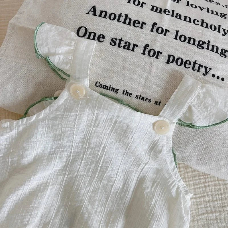 ノースリーブロンパース ベビーロンパース ショルダーフリル ノースリーブボディスーツ リーフフラワー刺繍 ホワイト【mh0005356】