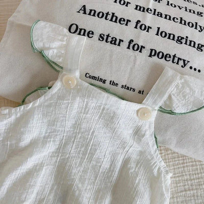 ノースリーブロンパース ベビーロンパース ショルダーフリル ノースリーブボディスーツ リーフフラワー刺繍 ホワイト【mh0005356】