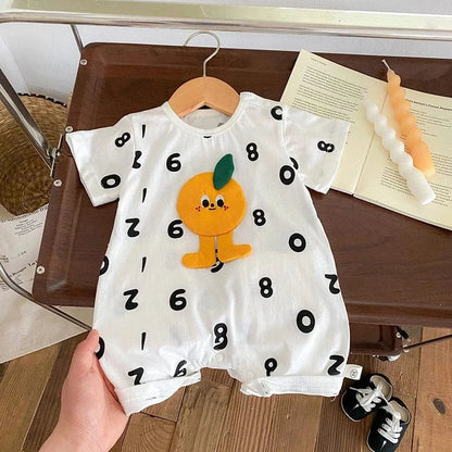 半袖ロンパース ベビーロンパース 半袖ジャンプスーツ ボディシャツ オレンジ ナンバーロゴプリント【mh0005420】