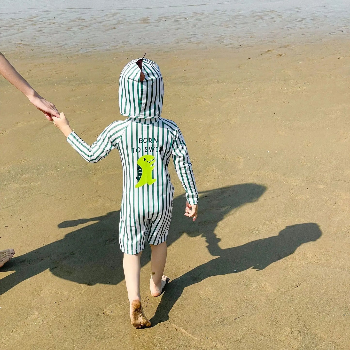 ベビー用水着 キッズ水着 帽子セット 長袖ラッシュガード つなぎ ワンピース スイムウェア ストライプ 恐竜ダイナソープリント【mh0005427】