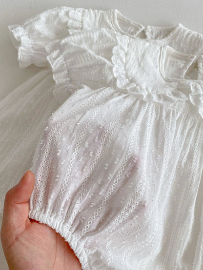 半袖ロンパース ベビーロンパース/キッズワンピース 半袖パフスリーブ レースフリル襟 ホワイト リンクコーデ 姉妹 お揃いコーデ【mh0005457】