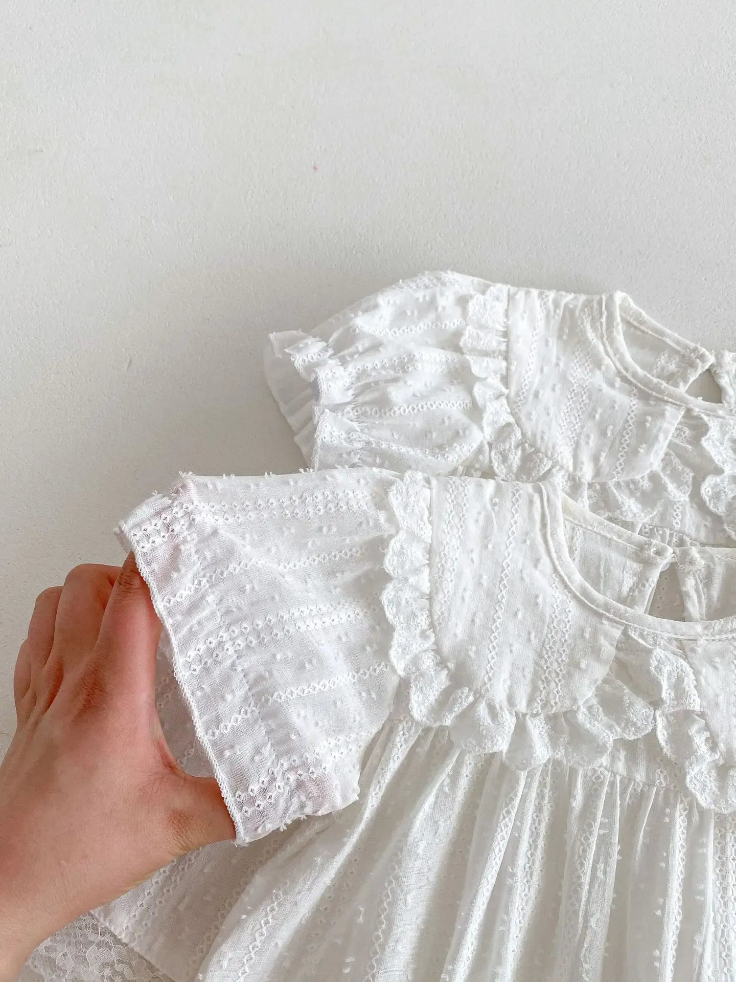 半袖ロンパース ベビーロンパース/キッズワンピース 半袖パフスリーブ レースフリル襟 ホワイト リンクコーデ 姉妹 お揃いコーデ【mh0005457】