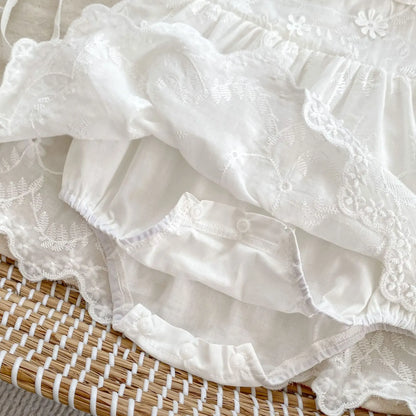 半袖ロンパース ベビーロンパース レースフリル 半袖ベビードレス ボンネット帽子セット ホワイト【mh0005462】