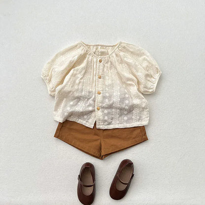 半袖シャツ・ブラウス キッズトップス 半袖ブラウス フラワーレース刺繍 ベージュ【mh0005501】