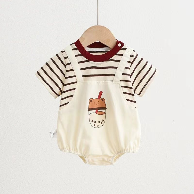 半袖ロンパース ベビーロンパース 半袖ドッキングボディスーツ ボーダー タピオカプリント【mh0005504】