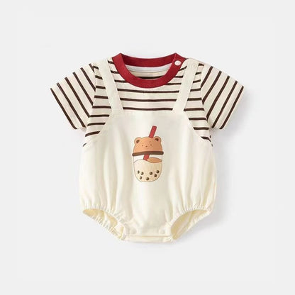 半袖ロンパース ベビーロンパース 半袖ドッキングボディスーツ ボーダー タピオカプリント【mh0005504】