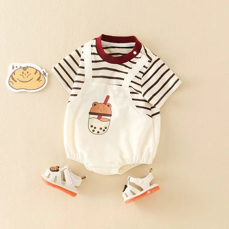 半袖ロンパース ベビーロンパース 半袖ドッキングボディスーツ ボーダー タピオカプリント【mh0005504】