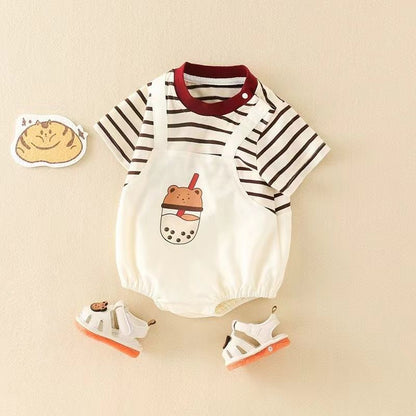 半袖ロンパース ベビーロンパース 半袖ドッキングボディスーツ ボーダー タピオカプリント【mh0005504】