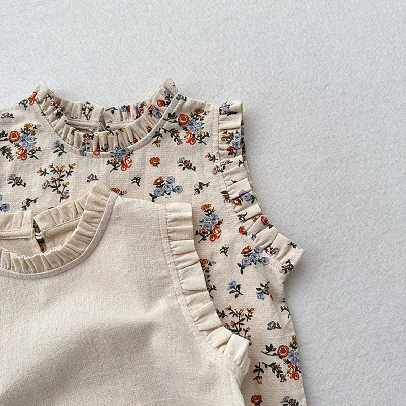 タンクトップ・キャミソール・ノースリーブトップス キッズトップス スタンドフリル ノースリーブブラウス 無地/フラワー小花柄プリント【mh0005506】